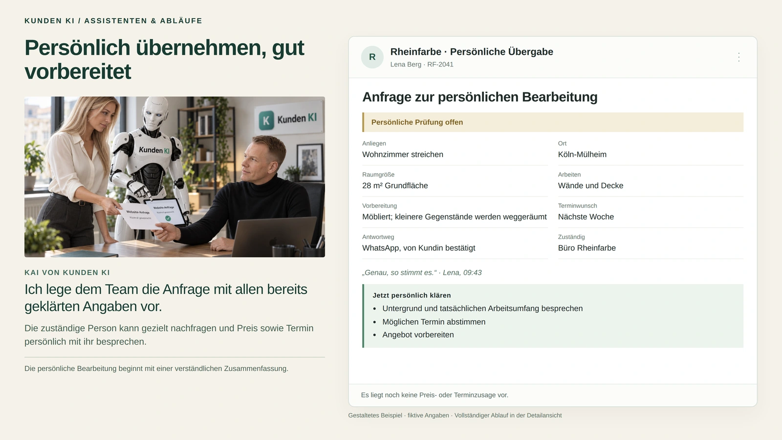 Gestaltetes Beispiel: eine Frau und ein humanoider Roboter reichen einem Mann am Schreibtisch Unterlagen, daneben die Übersicht „Anfrage zur persönlichen Bearbeitung“