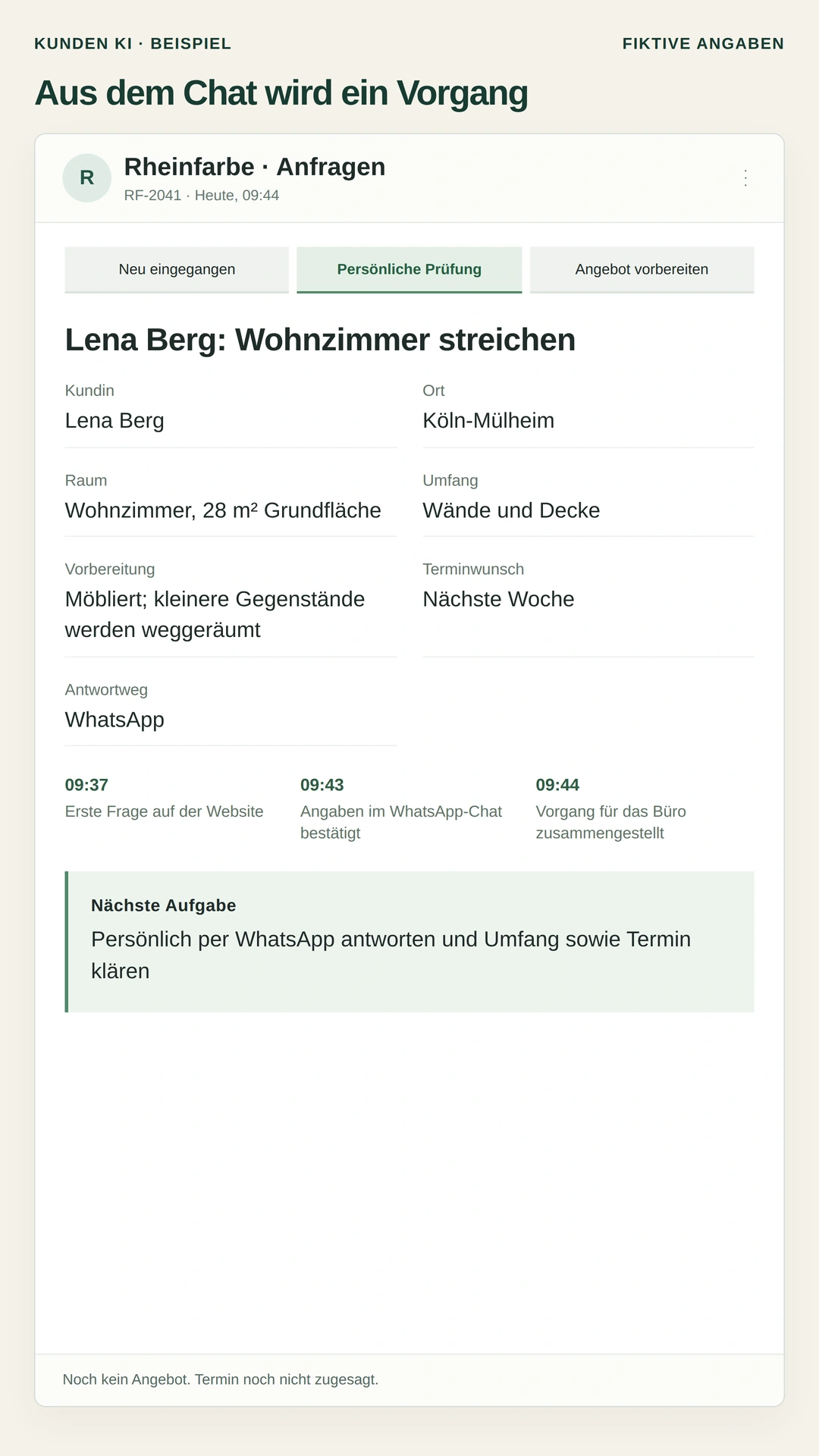 Gestaltetes Beispiel, vollständige Vorgangsansicht mit den Angaben der Kundin, den Zeitpunkten der Anfrage und der nächsten Aufgabe für das Büro