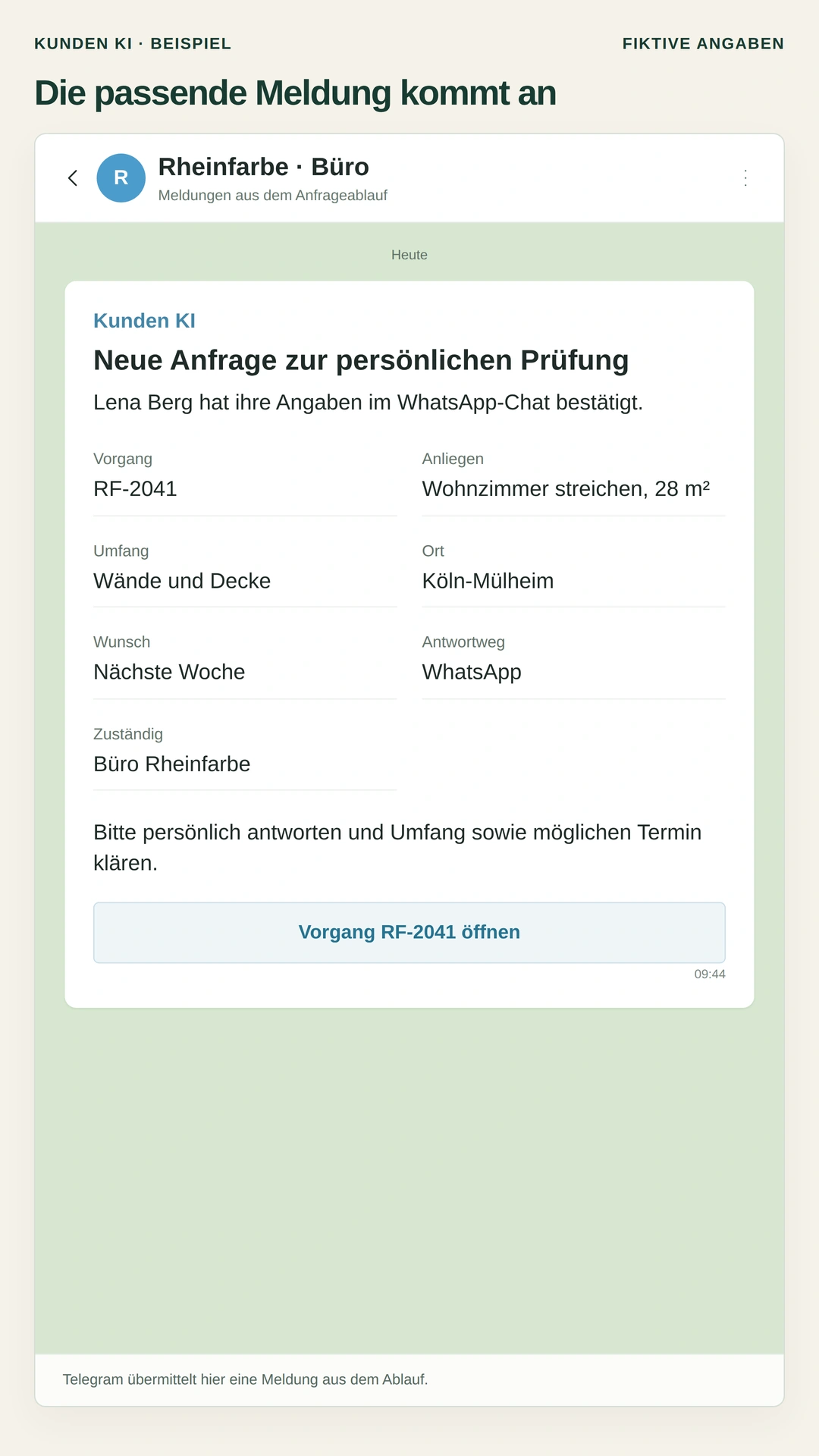 Gestaltetes Beispiel, vollständige Telegram-Meldung an das Büro mit Vorgang, Anliegen, Umfang, Ort, Wunsch, Antwortweg und einer Schaltfläche zum Öffnen des Vorgangs